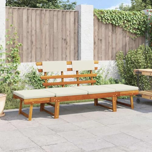 Myheimly Akazienholz Massiv Gartenbank 2-in-1 Sonnenliege Gartenliege Holzbank Sitzbank Tagesbett Gartenbett Liege Relaxliege Bank 190cm Braun und Weiß von Myheimly