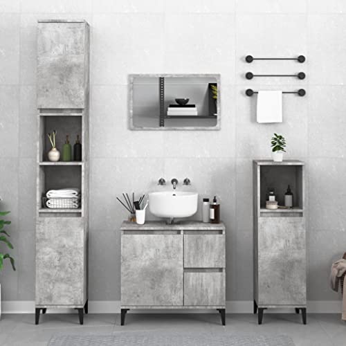Myheimly Badschrank, Badezimmerschrank mit Stauraum Metallfüße, Hochschrank für Badezimmer, Badmöbel Schrank Holzwerkstoff Betongrau von Myheimly