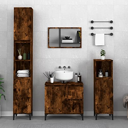 Myheimly Badschrank, Badezimmerschrank mit Stauraum Metallfüße, Hochschrank für Badezimmer, Badmöbel Schrank Holzwerkstoff Räuchereiche von Myheimly