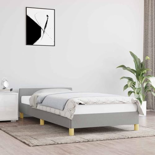 Myheimly Bettgestell mit Kopfteil, Bettrahmen mit Lattenrost, Bett Polsterbett mit Stützbeinen, Schlafzimmerbett,Stoff Hellgrau,90 x 190 cm von Myheimly