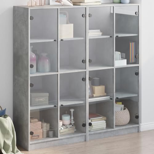 Myheimly Bücherschrank mit Türen, Bücherregal mit Stauraum, Standregal für Wohnzimmer Büro, Würfelregal, Modern, Holzwerkstoff GlasBetongrau,136 cm von Myheimly