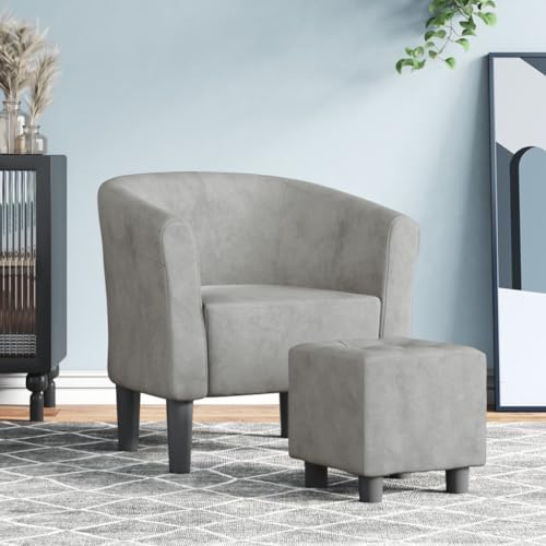 Myheimly Clubsessel, Sessel mit gepolstertem Sitz Armlehnen, Cocktailsessel mit Holzgestell, Loungesessel Relaxsessel Polstersessel, Samt Clubsessel Hellgrau,Mit Fußhocker von Myheimly