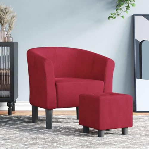 Myheimly Clubsessel, Sessel mit gepolstertem Sitz Armlehnen, Cocktailsessel mit Holzgestell, Loungesessel Relaxsessel Polstersessel, Samt Clubsessel Weinrot,Mit Fußhocker von Myheimly