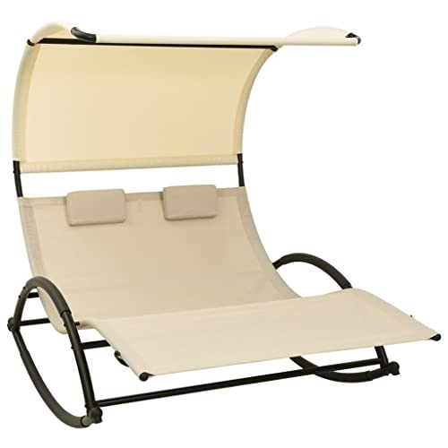 Myheimly Doppel-Sonnenliege mit Sonnendach Doppelliege Gartenliege Liege Gartenmöbel Relaxliege Strandliege Freizeitliege Textilene Creme von Myheimly