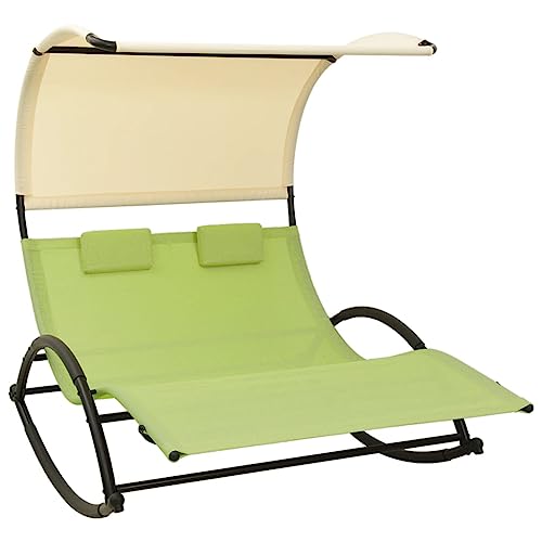 Myheimly Doppel-Sonnenliege mit Sonnendach Doppelliege Gartenliege Liege Gartenmöbel Relaxliege Strandliege Freizeitliege Textilene Grün und Creme von Myheimly