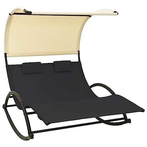 Myheimly Doppel-Sonnenliege mit Sonnendach Doppelliege Gartenliege Liege Gartenmöbel Relaxliege Strandliege Freizeitliege Textilene Schwarz und Creme von Myheimly