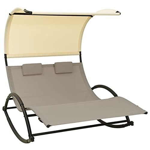 Myheimly Doppel-Sonnenliege mit Sonnendach Doppelliege Gartenliege Liege Gartenmöbel Relaxliege Strandliege Freizeitliege Textilene Taupe und Creme von Myheimly