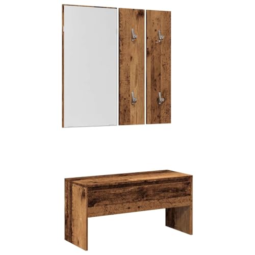 Myheimly Garderoben-Set, Wandgarderobe mit Bank Spiegel 2 Garderoben, Flurbank mit viel Stauraum, Garderobe Flurgarderobe, Altholz-Optik Holzwerkstoff von Myheimly