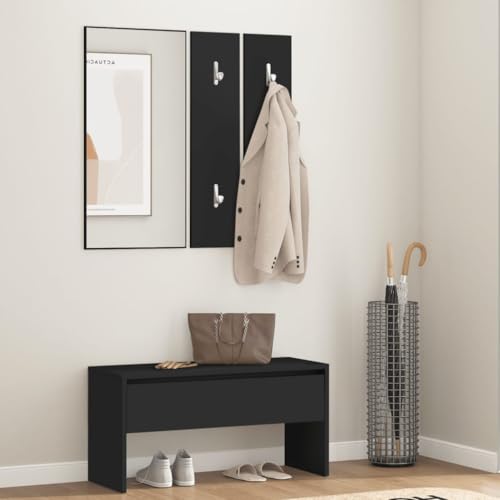 Myheimly Garderoben-Set, Wandgarderobe mit Bank Spiegel 2 Garderoben, Flurbank mit viel Stauraum, Garderobe Flurgarderobe, Schwarz Holzwerkstoff von Myheimly