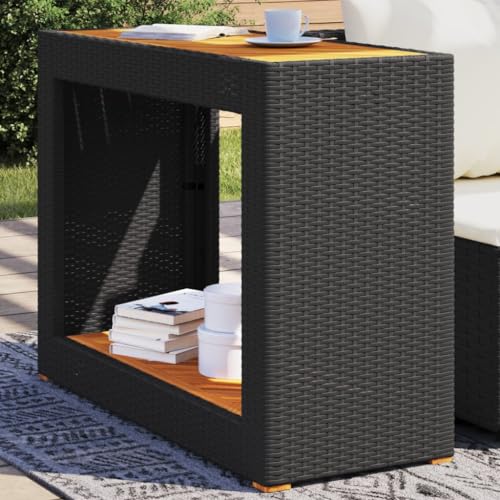 Myheimly Garten-Beistelltisch mit Holzplatte Schwarz Poly Rattan 3033258de 100 x 40 x 75 cm von Myheimly