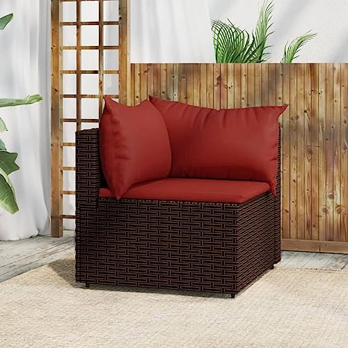 Myheimly Garten-Ecksofa mit Kissen Braun Poly Rattan Ecksofa Braun und Rot von Myheimly