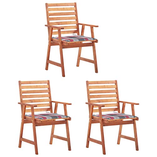 Myheimly Garten-Essstühle 3 STK. mit Kissen Massivholz Akazie 3X 3009168de Rotes Karomuster von Myheimly