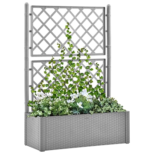 Myheimly Garten-Hochbeet mit Spalier und Selbstbewässerungssystem Rattan-Design Gartenspalier Blumenkübel Pflanzkasten Rankgitter Rankhilfe Grau von Myheimly
