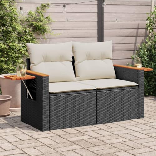 Myheimly Gartensofa mit Kissen 2-Sitzer Schwarz Poly Rattan mit Stauraum Schwarz und Weiß von Myheimly