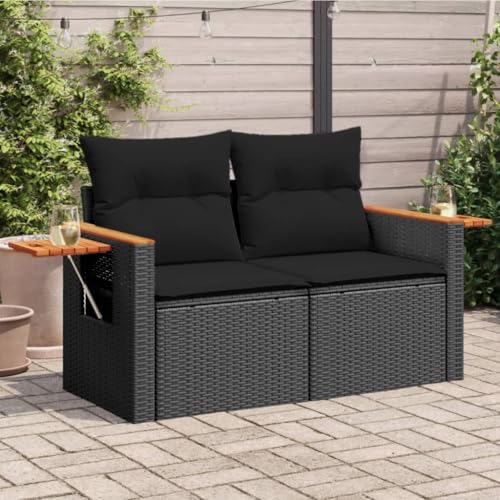 Myheimly Gartensofa mit Kissen 2-Sitzer Schwarz Poly Rattan mit Stauraum Schwarz von Myheimly