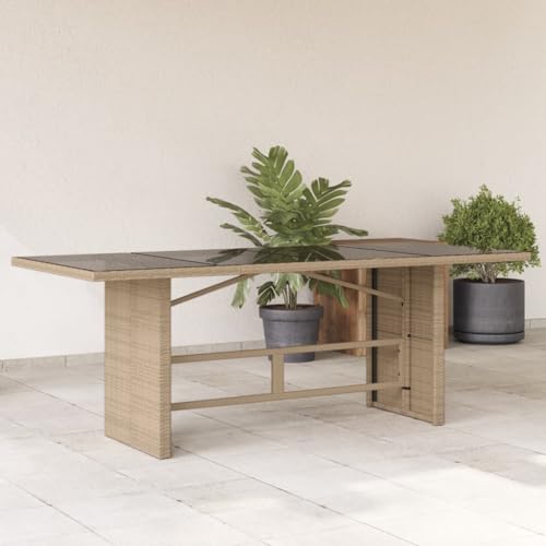 Myheimly Gartentisch, Beistelltisch mit Stahlrahmen, Balkontisch Tisch mit Glasplatte, Esstisch Gartenmöbel Terrasse, Poly Rattan Beige von Myheimly