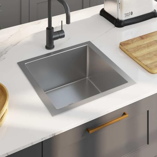 Myheimly Handgemachte Einbauspüle Wasserabfluss in X-Form Edelstahlspüle Küchenspüle Spülbecken Spüle Unterbau Unterputz Einbau Edelstahl Silber,44 x 44 x 20 cm von Myheimly