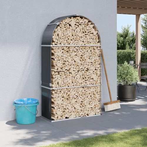 Myheimly Kaminholzunterstand, Kaminholzregal mit viel Stauraum, Feuerfest Brennholzregal mit Haken, Garten Holzlager Unterstand Anthrazit 120x45x210 Verzinkter Stahl von Myheimly