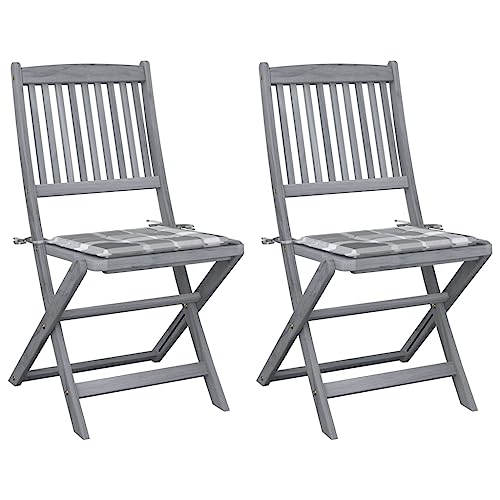 Myheimly Klappbar Klappstühle Klappstuhl Gartenmöbel Balkon Sühle Gartenstuhl Gartenstühle 2 STK. mit Kissen Massivholz Akazie 2X 3009166de Graues Karomuster von Myheimly