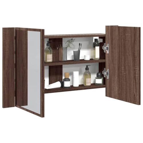 Myheimly LED Bad Spiegelschrank Badezimmerspiegel Badspiegel Spiegel Badschrank Badezimmerschrank Hängeschrank Wandschrank 80x12x45cm Acryl Spiegelschrank,Braune Eiche von Myheimly