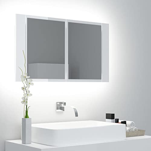 Myheimly LED Bad Spiegelschrank Badezimmerspiegel Badspiegel Spiegel Badschrank Badezimmerschrank Hängeschrank Wandschrank 80x12x45cm Acryl Spiegelschrank,Hochglanz-Weiß von Myheimly