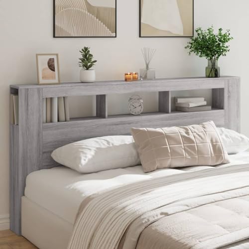 Myheimly LED Kopfteil, Bettkopfteil mit LED-Leuchten, Betthaupt mit Ablagen, Bettzubehör Schlafzimmer,Holzwerkstoff Grau Sonoma,200 x 103.5 cm von Myheimly