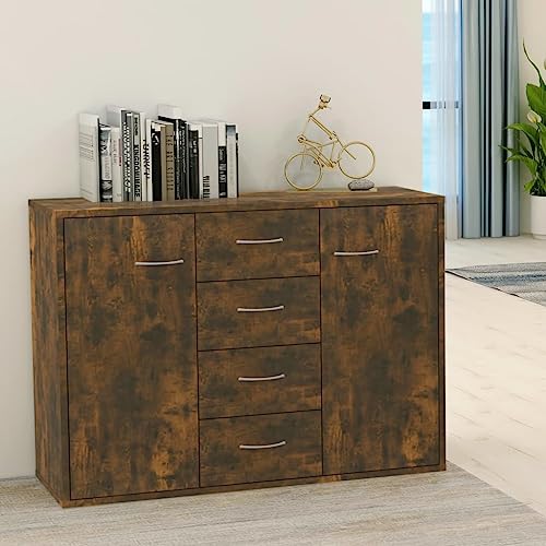 Myheimly Sideboard Kommode mit viel Stauraum, Schrank mit 4 Schubladen 2 Türen, Mehrzweckschrank Anrichte für Wohnzimmer Räuchereiche 88x30x65 cm Holzwerkstoff von Myheimly