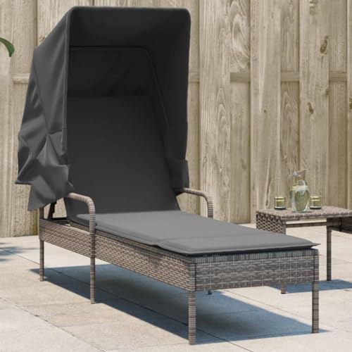 Myheimly Sonnenliege mit Dach Gartenliege Verstellbare Rückenlehne, Sonnenbett für Außenbereich, Relaxliege Liege Gartenmöbel, Modern Grau Poly Rattan von Myheimly