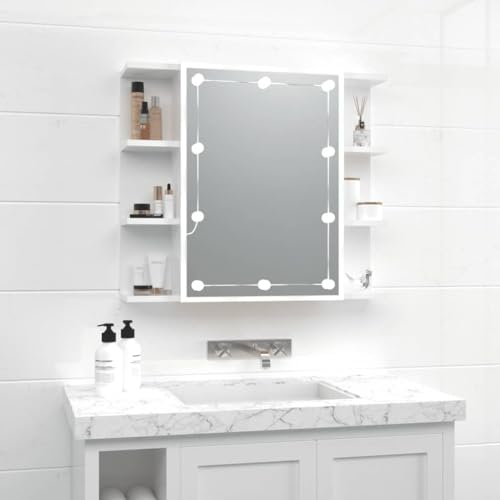 Myheimly Spiegelschrank, Wandregal mit LED-Leuchten, Wandschrank mit viel Stauraum, Schminkspiegel mit Ablagen Schrank Badezimmer, Hochglanz-Weiß von Myheimly