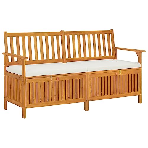 Myheimly Truhenbank mit Kissen Holzbank Sitzbank Holztruhe Bank Aufbewahrung Sitztruhe Massivholzbank Stauraum Gartenbank Massivholz Akazie Braun und Weiß,148 x 62 x 84 cm von Myheimly