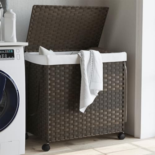 Myheimly Wäschekorb Wäschesammler Wäschebox Wäschetonne Wäschesack Wäschetruhe Wäschebehälter mit Rollen Dunkelbraun 60x35x60,5 cm Rattan von Myheimly