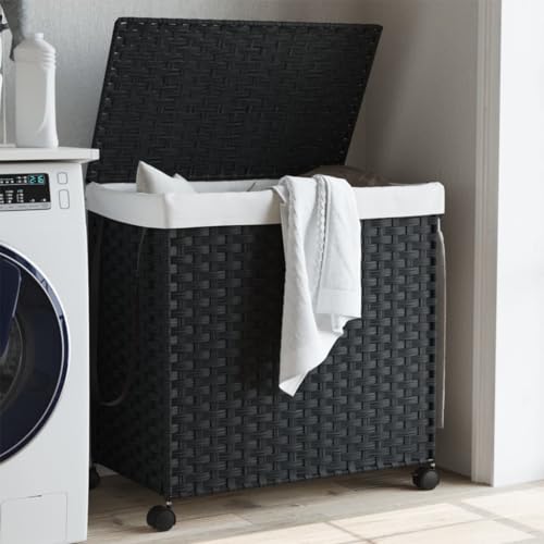 Myheimly Wäschekorb Wäschesammler Wäschebox Wäschetonne Wäschesack Wäschetruhe Wäschebehälter mit Rollen Schwarz 60x35x60,5 cm Rattan von Myheimly
