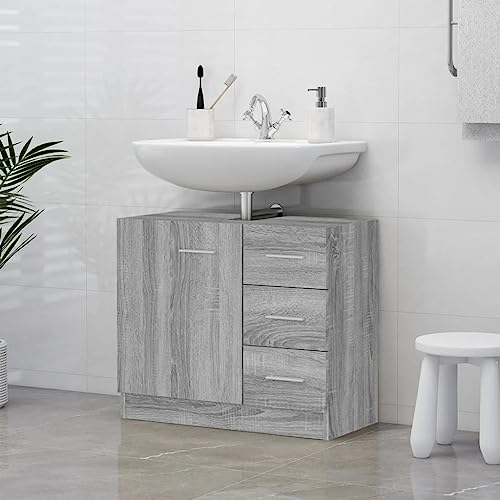 Myheimly Waschbeckenschrank Waschtisch Unterschrank Badmöbel Badschrank Badezimmerschrank Badezimmer Spanplatte Grau Sonoma 63x30x54 cm Holzwerkstoff von Myheimly