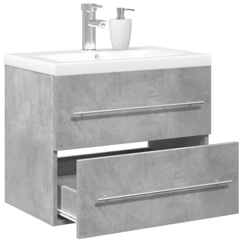 Myheimly Waschbeckenunterschrank mit Einbaubecken, Waschbeckenschrank mit viel Stauraum, Waschtisch Waschbecken Wandmontage ohne Wasserhahn,Betongrau,60 x 38.5 x 48 cm von Myheimly