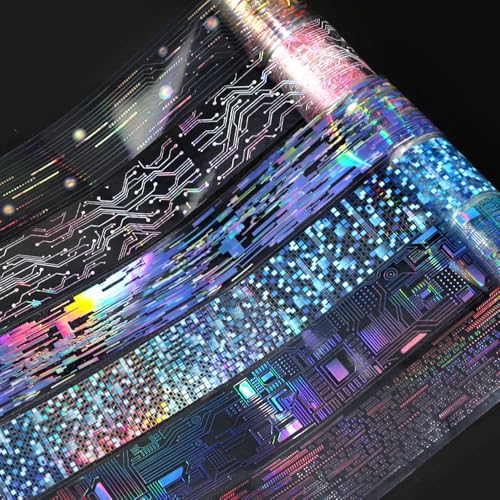 6Rollen Punk Kreislauf PET Tape Journaling Zubehör Laser Schaltkreise Washi Tape Sticker Scrapbook Zubehör Welle Chip Chip Washitape Circuit PET Stickers Bullet Journal Sticker Scrapbooking Zubehör von Myhiju