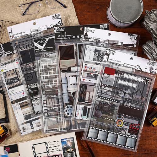 Schwarz Weiß Scrapbook Sticker Filmstreifen Journal Set - Fotorahmen Scrapbooking Filmbänder Film Vintage Magazin Rahmen Filmstrip Journaling Collage Zubehör von Myhiju