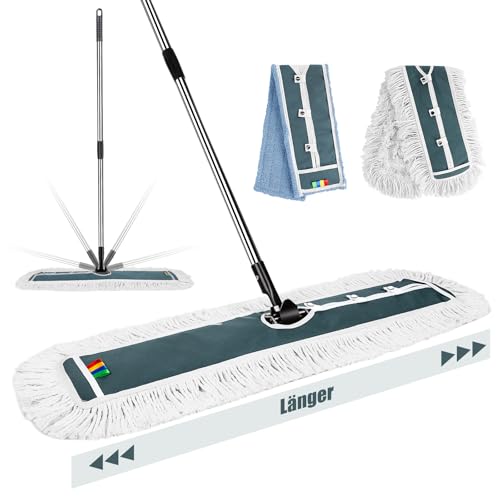 Myiosus Bodenwischer, Flachmopp, 105cm Breit Groß Wischmopp, Industrieller Wischer mit 130cm Edelstahlgriff, Baumwolle Mikrofaser Mopp, Wischer Boden für Hartholz, Laminat, Fliesenboden- 2 Moppads von Myiosus