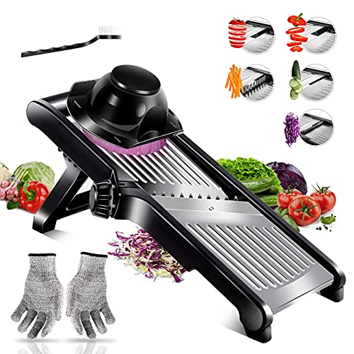 Myiosus Mandoline Gemüsehobel, Verstellbar Gemüseschneider, Edelstahl Gemüsehobel, Multifunktion Mandoline Gurkenhobel für Gemüse ＆ Obst, Senden Schnittfesten Handschuhen ＆ Reinigungsbürste von Myiosus