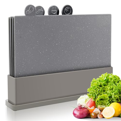 Myiosus Schneidebrett kunststoff, 4-teiligs Schneidebretter Set mit Ständer, BPA Frei, kratzfeste Cutting Board, Spülmaschinenfest Frühstücksbrettchen, Index Küchenbrett für Fleisch Gemüse Obst von Myiosus