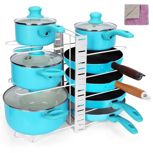 Myiosus Topfdeckelhalter, Pfannenhalter mit 3 DIY-Methoden, Pfannen Organizer mit 8 Verstellbaren Fächern, Topf Organizer für Schrank Töpfe Pfannen Deckel, Senden 1 Reinigungstuch, Weiss von Myiosus