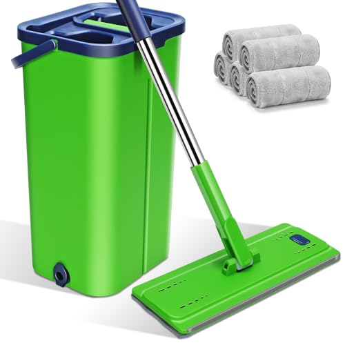 Myiosus Wischmopp Set mit Eimer, Bodenwischer, 2 in 1 Putzeimer mit Wischmop, 138cm Flachmopp für Bodenreinigung und Wandreiniger, 360° Wischmopp mit Auswringfunktion für Alle Böden-5 Mikrofaser Pads von Myiosus