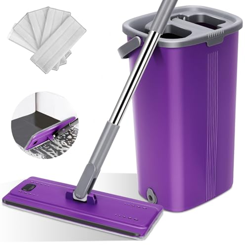 Myiosus Wischmopp Set mit Eimer, Putzeimer mit Wischmop, 360° Wischer mit Edelstahlgriff, Wischmopp mit Auswringfunktion mit 5 Mikrofaser Wischpads, Bodenwischer für Hartholz Fliesen Marmor Laminat von Myiosus
