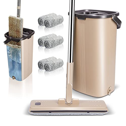 Myiosus Wischmopp Set mit Eimer, Bodenwischer, Wischmopp mit Einstellbar Edelstahlgriff und 6 Mikrofaser Wischpads, 360° Flacher Wischer, Putzeimer mit Wischmop für Hartholz Fliesen Marmor Laminat von Myiosus