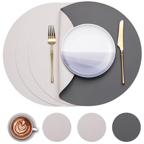 Myir JUN Tischsets 4er Set, Tischsets Abwaschbar Platzsets Rund Ø 38cm Platzdeckchen Rund Doppelseitigen rutschfest Platzsets Kunstleder Leder Tischset Lederoptik (Grau Beige, 4er Set) von Myir JUN