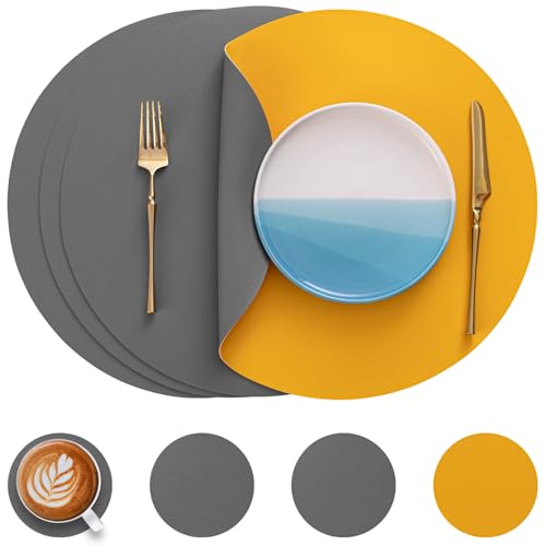 Myir JUN Tischsets 4er Set, Tischsets Abwaschbar Platzsets Rund Ø 38cm Platzdeckchen Rund Doppelseitigen rutschfest Platzsets Kunstleder Leder Tischset Lederoptik (Grau Gelb, 4er Set) von Myir JUN