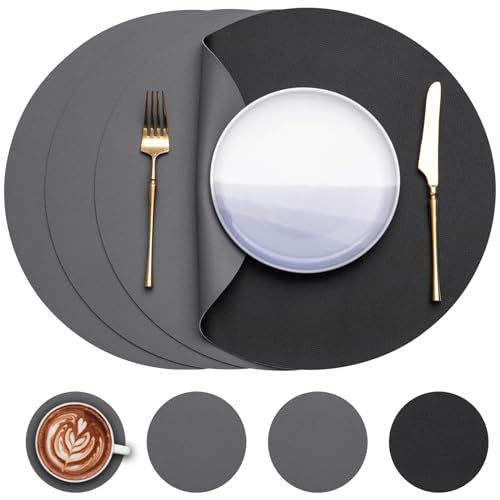 Myir JUN Tischsets 4er Set, Tischsets Abwaschbar Platzsets Rund Ø 38cm Platzdeckchen Rund Doppelseitigen rutschfest Platzsets Kunstleder Leder Tischset Lederoptik (Grau Schwarz, 4er Set) von Myir JUN