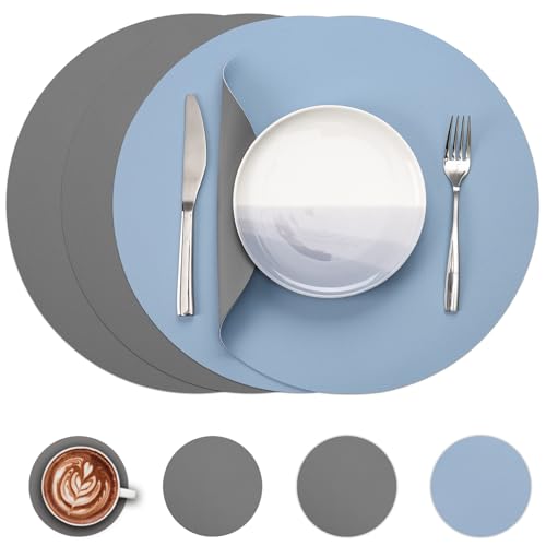 Myir JUN Tischsets 4er Set, Tischsets Abwaschbar Platzsets Rund Ø 38cm Platzdeckchen Rund Doppelseitigen rutschfest Platzsets Kunstleder Leder Tischset Lederoptik (Grau & Himmelblau, 4er Set) von Myir JUN