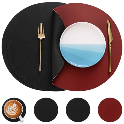 Myir JUN Tischsets 4er Set, Tischsets Abwaschbar Platzsets Rund Ø 38cm Platzdeckchen Rund Doppelseitigen rutschfest Platzsets Kunstleder Leder Tischset Lederoptik (Rot Schwarz, 4er Set) von Myir JUN