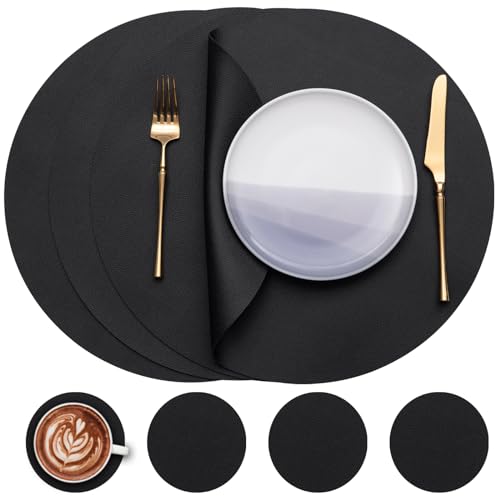 Myir JUN Tischsets 4er Set, Tischsets Abwaschbar Platzsets Rund Ø 38cm Platzdeckchen Rund Doppelseitigen rutschfest Platzsets Kunstleder Leder Tischset Lederoptik (Schwarz, 4er Set) von Myir JUN