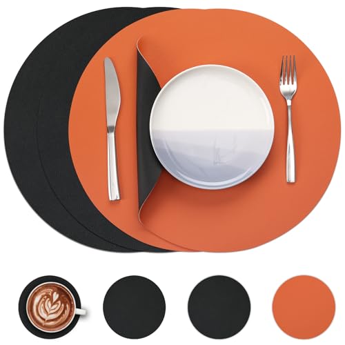 Myir JUN Tischsets 4er Set, Tischsets Abwaschbar Platzsets Rund Ø 38cm Platzdeckchen Rund Doppelseitigen rutschfest Platzsets Kunstleder Leder Tischset Lederoptik (Schwarz & Orange, 4er Set) von Myir JUN